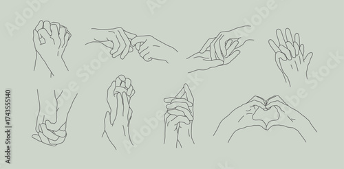 Linear set of two lovers hands together. Silhouettes of human hands of couple touching and holding each other. Outline concept of love, intimate moment, Valentine's day for card, print, decoration