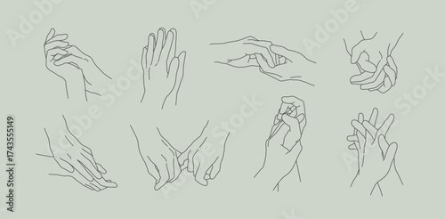 Linear set of two lovers hands together. Silhouettes of human hands of couple touching and holding each other. Outline vintage concept of love, intimate moment, Valentine's day for card, print
