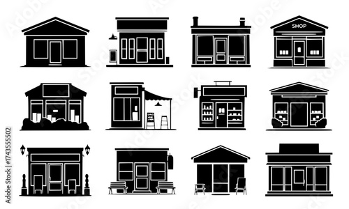 Brick and Mortar Shop – 10 Vectors Set, Black Silhouette, Scalable Vector Illustration
