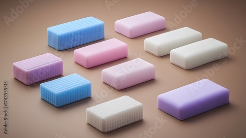 Colorful pastel soaps arrangement on brown background for hygiene concept