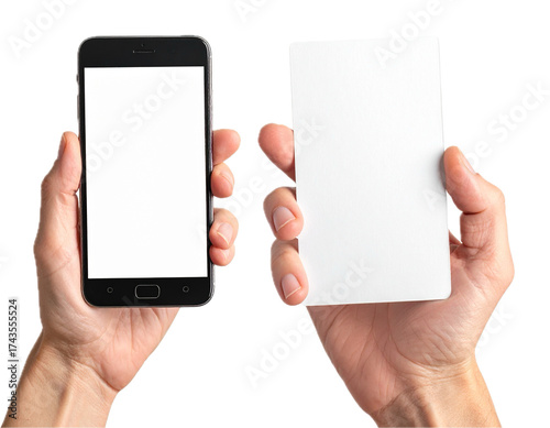 Hands holding smartphone with blank screen and blank card for mockup. Isolated on transparent background, png