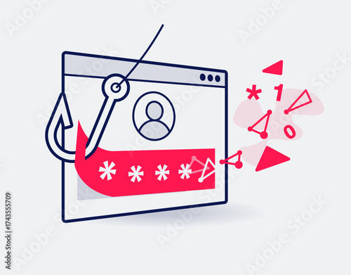 Password leak symbol with a login screen and fishing hook stealing someone's personal password. Easy to use for your website or presentation.