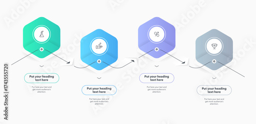Horizontal process flow diagram with four colorful steps and a place for your text. Simple infographic design with icons and curved thin line for workflow layout, banner or web design.
