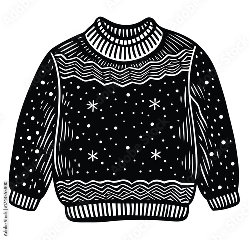 Hand-drawn winter sweater with snowflakes A cozy and warm wool v-neck sweater for the cold season