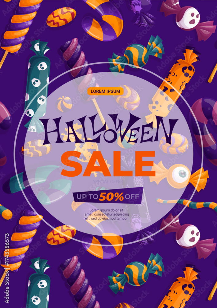 Fototapeta premium A template for making flyers for Halloween. Candies, lollipops, marshmallows, caramel sticks. Autumn discounts, sale. Vector illustration in A4 format for posters, banners, promotions, advertisements