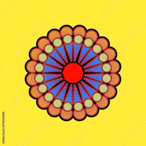 Bright colorful mandala with geometric flower symmetry on yellow background, representing harmony and creativity.