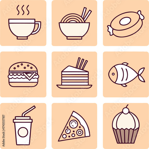 Collection of nine stylized food icons including a steaming hot coffee cup noodles burger slice of cake fish a soda drink and cupcake
