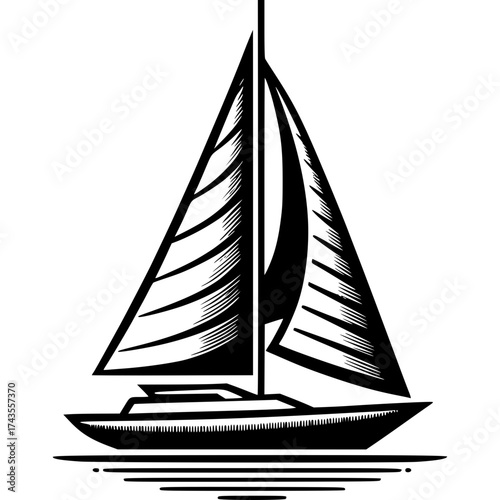Sailing Vessel Illustration: A sleek sailing vessel, depicted in a detailed line art style, gracefully navigates the serene waters.