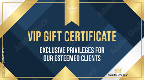 Vector image of a gift certificate for VIP clients with gold and silver accents.