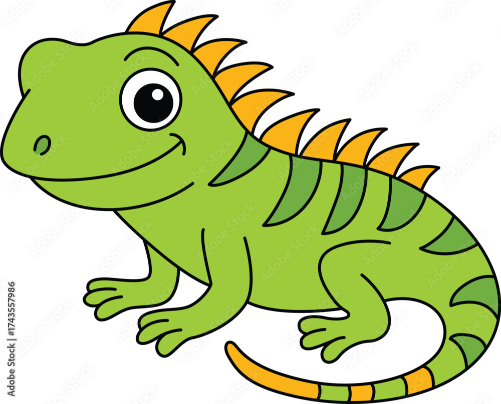 Naklejka premium Cute Green Cartoon Iguana Smiling Happy Lizard