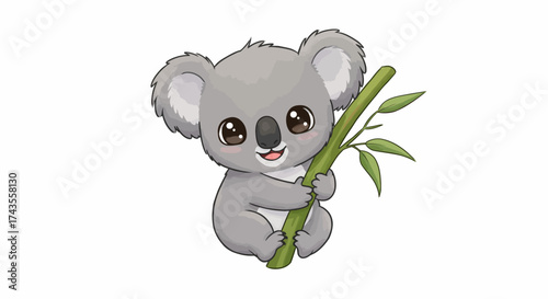 A cartoon koala clings to a green bamboo stalk with leaves against a white backdrop