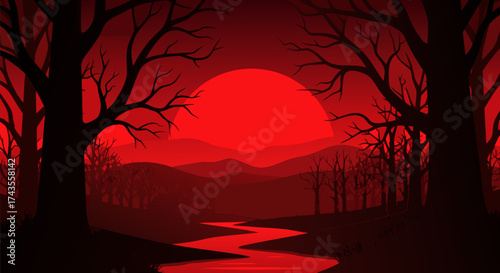 Eerie red sunset over a mysterious forest river, a perfect spooky Halloween background with empty space for your text or design