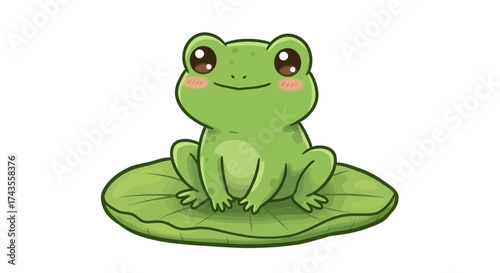 A cute green cartoon frog sits on a green lily pad with pink cheeks and big eyes