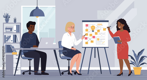 Diverse business team collaborating on project ideas in a modern office, brainstorming new strategies for success and innovative solutions for future growth