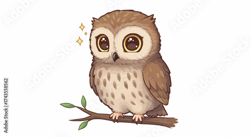 Animated owl with large eyes sits on a branch with leaves sparkles beside its head