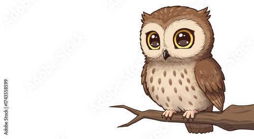 Cartoon owl perched on a brown branch with large bright yellow eyes on a white background