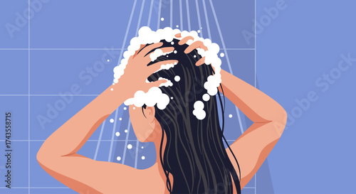 A dynamic flat design illustration shows a woman thoroughly washing her hair with shampoo, creating a rich lather in a clean shower environment. This vector art highlights personal hygiene.