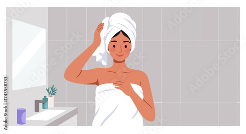 A flat design illustration depicts a woman comfortably wrapped in a towel, gently drying her hair after a refreshing bath or shower. This clean vector art symbolizes post-bath comfort.