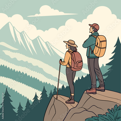 Adventurous couple hiking in scenic mountains, enjoying breathtaking views and fresh air, promoting outdoor lifestyle and travel experiences with a modern touch