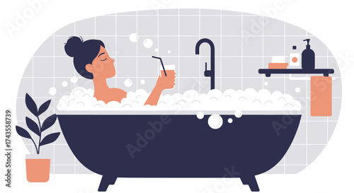 A serene flat design illustration depicts a woman peacefully soaking in a luxurious bubble bath, holding a glass of fresh juice.