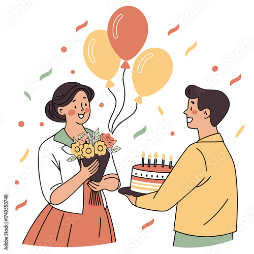 Celebrating with flowers, balloons, and cake, a joyous moment of birthday cheer and warm wishes for a special occasion filled with happiness and love