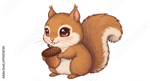A cute cartoon squirrel holds an acorn with big eyes pink cheeks  a fluffy tail set against a plain white background