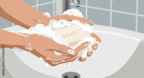 A close-up flat design illustration captures a woman's hands holding a bar of soap, surrounded by abundant, soft white bubbles. This vector art emphasizes cleanliness and hygiene.