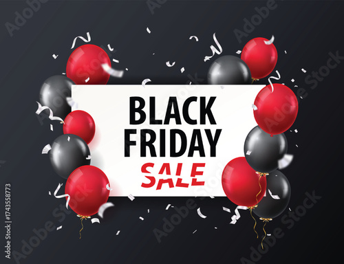 Black friday sale design with black, red balloons and silver confetti
