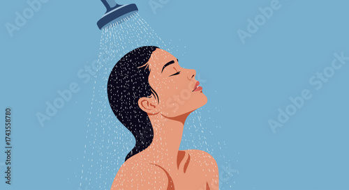 This flat design vector illustration captures a woman enjoying a refreshing shower, with water gently falling over her in a clean, modern bathroom setting. 