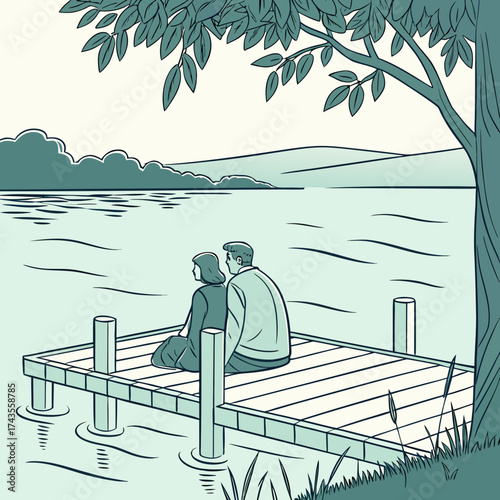 Couple enjoying peaceful moment on lakeside dock, serene getaway illustration, romantic scene by calm waters, relaxing vacation, nature escape, tranquil retreat