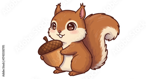 A cartoon squirrel with rosy cheeks holds an acorn set against a white background