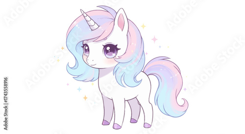An illustration of a unicorn with pastelcolored hair a spiral horn and big eyes