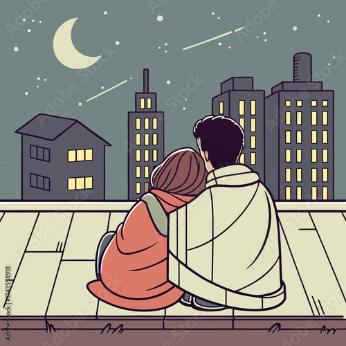 Romantic couple snuggling on rooftop under moonlit sky with city view, perfect for illustrating love, connection, and urban romance in a modern setting