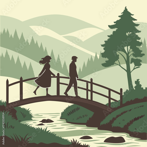Romantic stroll on a wooden bridge over a flowing stream, silhouette of a couple enjoying nature, peaceful outdoor scene, calm landscape, vintage inspired