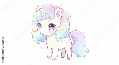 Cartoon unicorn with a pastel mane and tail big purple eyes and a small horn