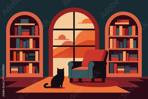 Cat sitting in a room with bookshelves and a chair
