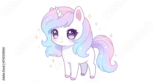 A pastel unicorn with a white body colorful mane and tail big eyes and a horn stands on a white background