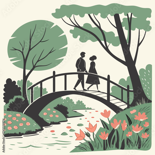 Romantic stroll across a quaint bridge, a serene escape into nature's beauty, with a couple enjoying peaceful moments amidst the trees and blooming flowers