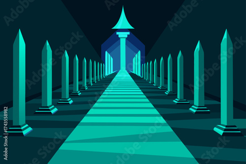Perspective view of a palace hall with pillars and path