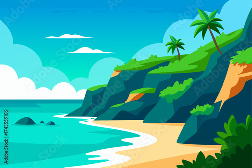 Tropical beach with cliffs and palm trees illustration
