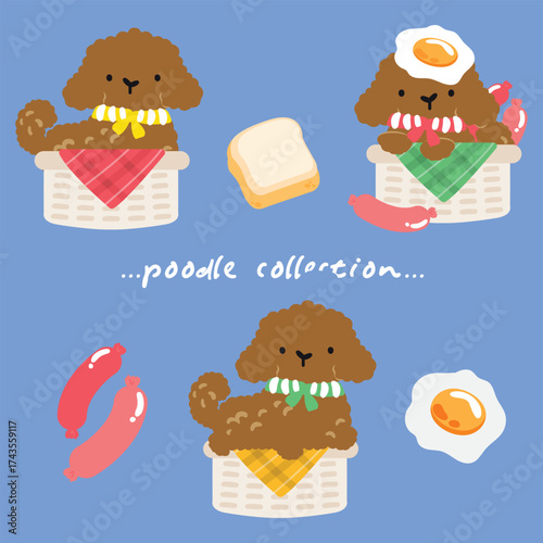 Cute brown poodles in baskets with breakfast treats like eggs, toast, and sausages, blending food and fluff.