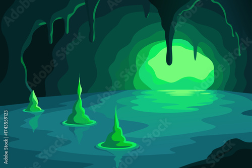 Illustration of a green cave with water and stalagmites