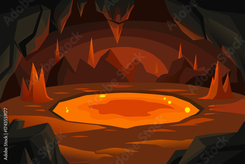 Illustration of a volcanic cave with lava pool view