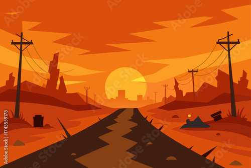 Desert road leading to city skyline at sunset time