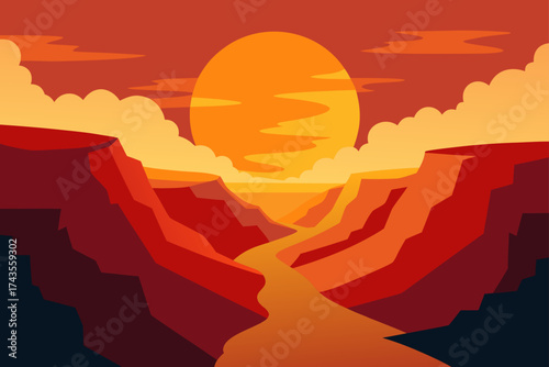 Grand canyon landscape with sunset and orange sky