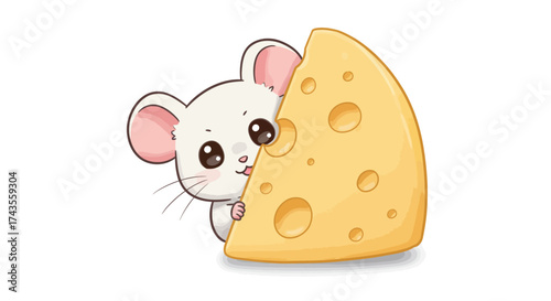 A cute cartoon mouse peeks from behind a wedge of Swiss cheese
