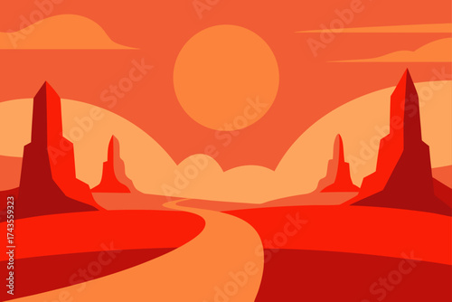 Illustration of desert landscape with a sunset view