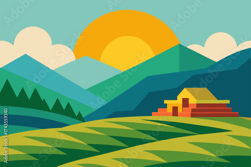 Landscape view of a mountain house with rising sun