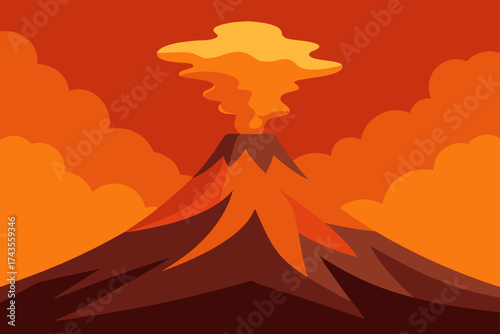 Illustration of an erupting volcano with orange sky
