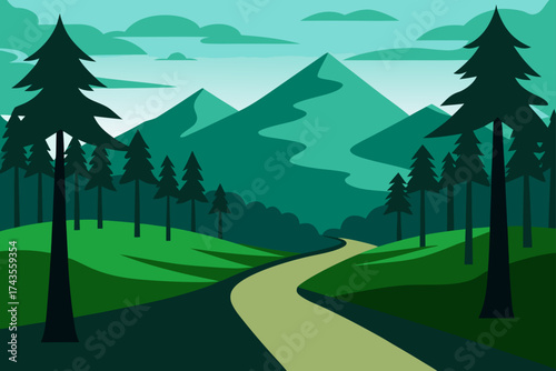 Illustration of mountain landscape with winding road